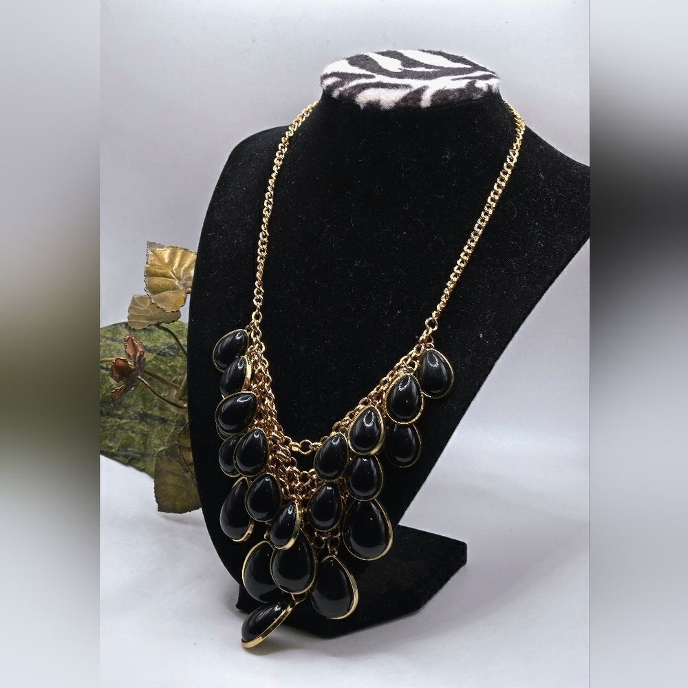 "5/$40" Goldtone Black Acrylic Adjustable Bib Statement Necklace